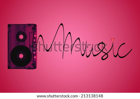 A cassette tape on a pink back-lit background with tape coming out of the cassette to spell the word music, with a small pink heart over the letter 'i'.