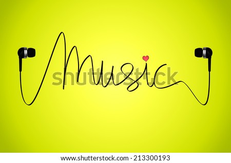 A pair of headphones on a lime green back-lit background with the cable from the headphones spelling the word music, with a small pink heart over the letter \'i\'.
