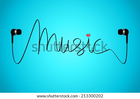 A pair of headphones on a light blue back-lit background with the cable from the headphones spelling the word music, with a small pink heart over the letter \'i\'.