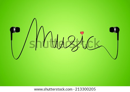 A pair of headphones on a green back-lit background with the cable from the headphones spelling the word music, with a small pink heart over the letter \'i\'.