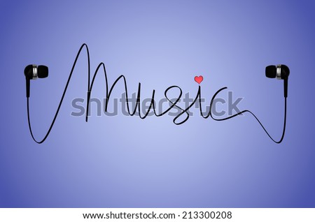 A pair of headphones on a lilac back-lit background with the cable from the headphones spelling the word music, with a small pink heart over the letter 'i'.