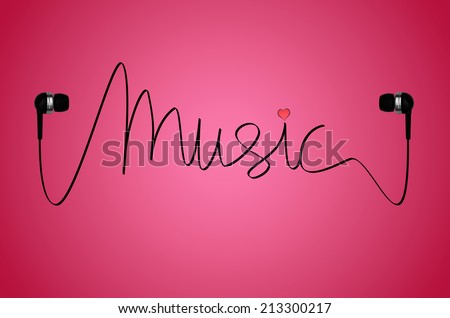 A pair of headphones on a pink back-lit background with the cable from the headphones spelling the word music, with a small pink heart over the letter \'i\'.