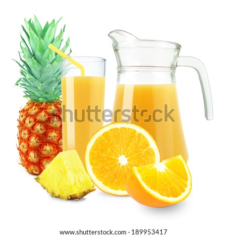 orange pineapple juice in a glass and jug on a white background