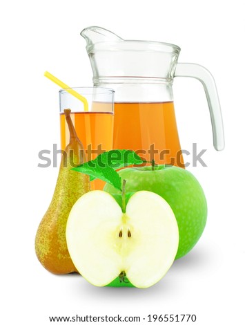 apple-pear juice in glass and jug on a white background