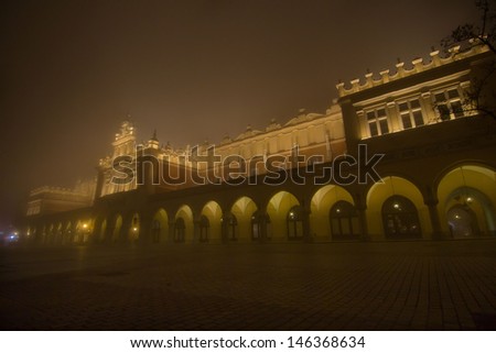 Krakow in the fog - night photo of Sukiennice