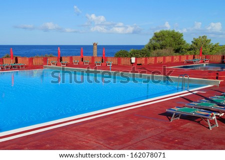 A view of a public swimming pool located near the beach in San Vito Lo Capo, Sicily, Italy