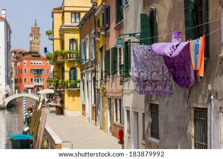 A closeup of a laundry near one of Venice\'s channel, Venice, Italy