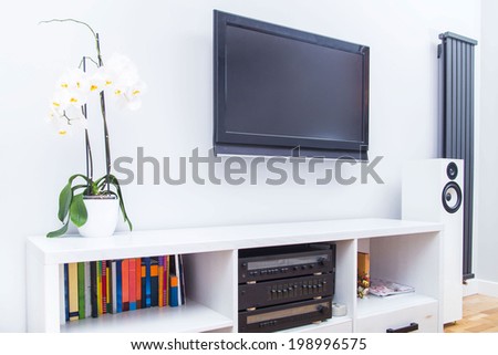 View of a modern white living room equipment with TV and Stereo