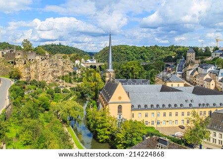 A view of a Luxembourg cityscape with St Jean du Grund monastry, Luxembourg