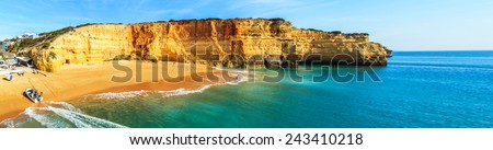 A panorama of Benagil beach in Algarve region, Portugal, Europe