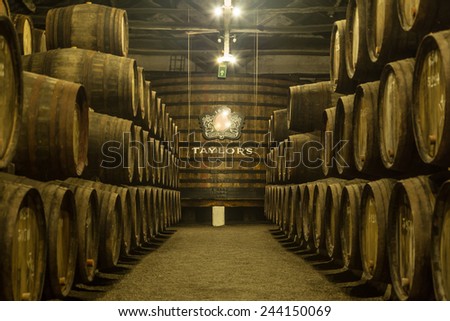 PORTO, PORTUGAL - DECEMBER 20: Barrels in the Taylor\'s wine cellar, Porto, Portugal on December 20, 2014 in Porto, Portugal