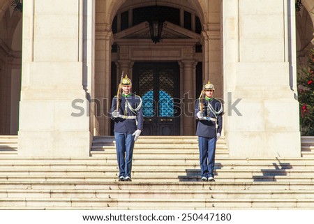 LISBON, PORTUGAL - DECEMBER 21- Guards in front of Portugese Parliament in Lisbon, Portugal on December 21, 2014