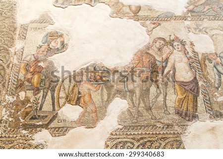 Cyprus - Kato Paphos archeological park ancient Greek mosaic.
