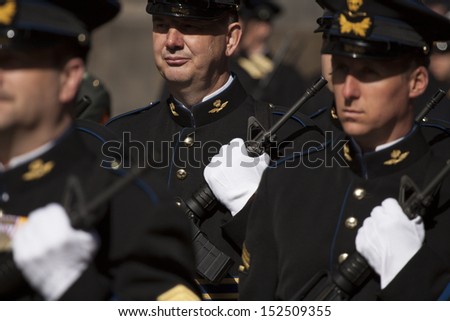 AMSTERDAM, NEDERLANDS - APRIL 30: Military honor guard on the Dam square during the inauguration of King Willem-Alexander, on April 30, 2013, Amsterdam, The Netherlands.