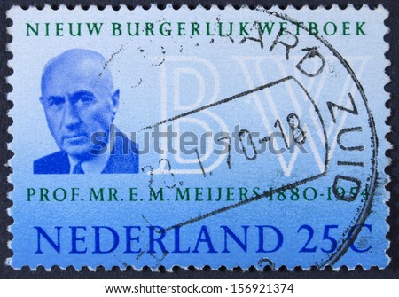 NETHERLANDS - CIRCA 1970: A stamp printed in the Netherlands issued for the introduction of New Netherlands Civil Code shows Professor Eduard M. Meijers (author of Burgerlijk Wetboek), circa 1970