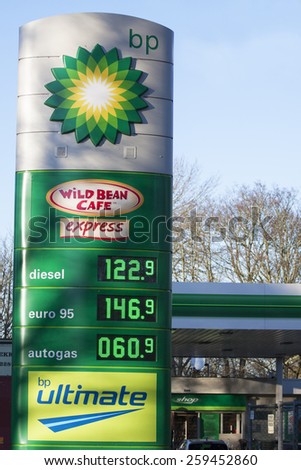 ENKHUIZEN, THE NETHERLANDS - 4 FEBRUARY 2015: BP gas station prices Oil based fuel prices have recently dropped, .on february 4 ,2015 , in Bovenkarspel, the netherlands.