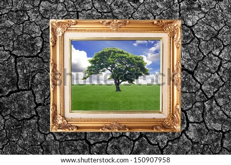 tree of green grass field and bright blue sky in gold frame