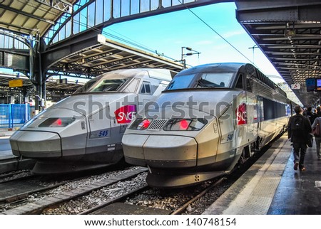 Paris, France - June 8: Sncf Tgv Trains On Northern Train Station, Gare Du Nord, On June 8, 2009 In Paris, France. A Tgv Test Train Set The Record For The Fastest Wheeled Train On 3 April 2007.