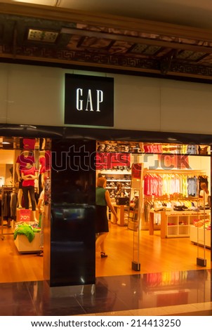 MOSCOW - AUGUST 11: Gap shop in Okhotnyy Ryad shopping center near Red Square, Moscow, Russia, 11 August, 2014. Gap is an American multinational clothing and accessories retailer.