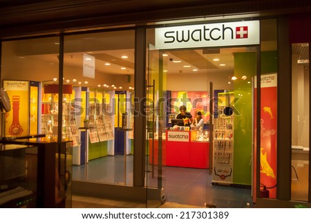 MOSCOW - AUGUST 11: Swatch store in Okhotnyy Ryad shopping center near Red Square, Moscow, Russia, 11 August, 2014. Swatch group is a profitable watch manufacturer with profit of 1.074 billion CHF.