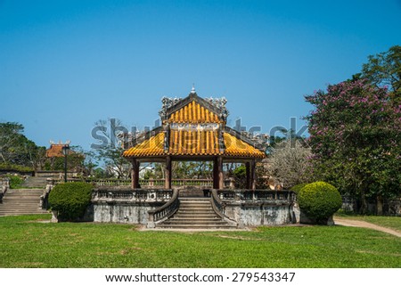 Beautiful pavilion in parks of citadel in Hue, Vietnam. Historic architecture of central Vietnam.