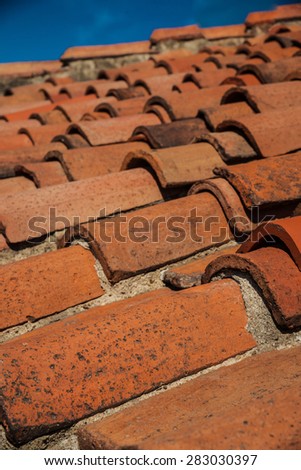 Macro view of old tiled roof