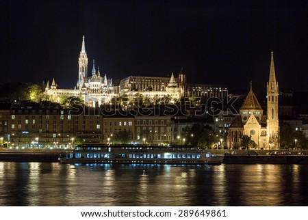 Matthias church and the Fisherman\'s Bastion at night in Budapest Hungary