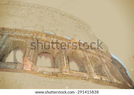 Colosseum (Coliseum) in Rome, Italy. Main tourist attraction of Rome. Travel background illustration. Painting with watercolor and pencil. Brushed artwork. Vector format.