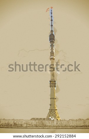 Ostankino tower and elevated rapid transit system in Moscow, Russia. Travel background illustration. Painting with watercolor and pencil. Brushed artwork.