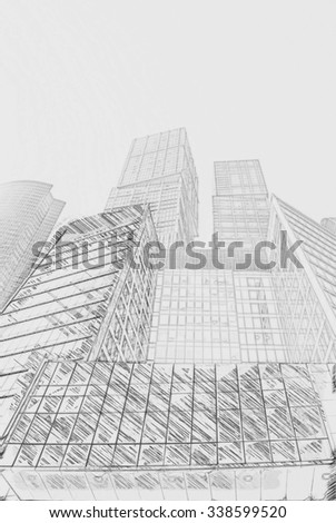 modern office buildings.  Painting of travel scene, pencil drawing outlines of background