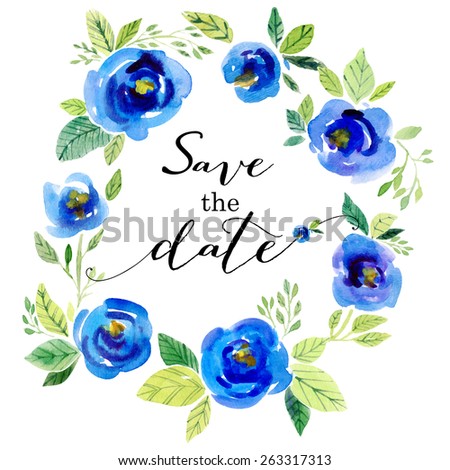 Vector watercolor illustration for wedding and other holiday.Wedding invitation. Design elements with circlet of flowers on the white background. Blue watercolor flowers