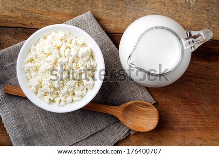 Dairy Products: Milk And Cottage Cheese With Wooden Spoon On Linen Tablecloth On Wooden Table