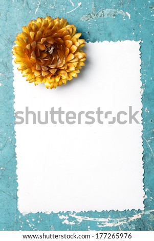 sheet of paper and flower on blue grunge wooden background