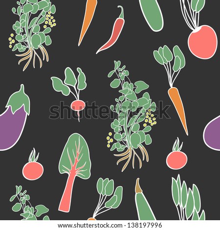 Vegetables seamless pattern. Vector illustration on the dark background