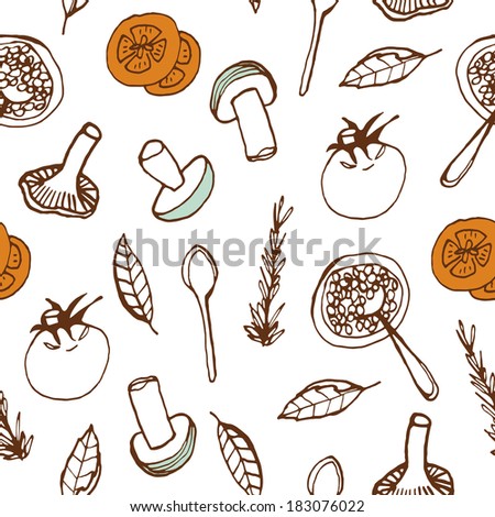 Food seamless background. Hand drawn doodle pattern for kitchen and cafe stuff