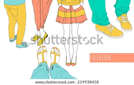 Fashion illustration set Hand drawn vector female figures in different shoes style.Women's outfit Colorful hipster design Fashion illustration set Hand drawn vector female figures in different shoes style.Women's outfit Colorful hipster design
