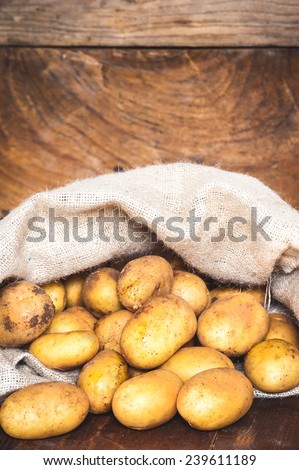 Potatoes in a bag on a rustic wooden table