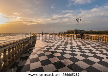 Terrace Mascagni in Livorno, viewpoint along the sea with the checkerboard floor, Tuscany, Italy