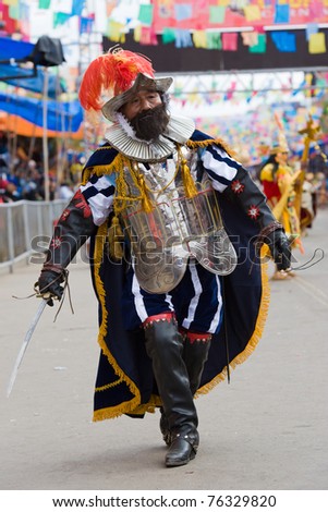 ORURO, BOLIVIA - MARCH 5: Dancer Dressed as Spanish Conqueror at Oruro Carnival in Bolivia, declared UNESCO Cultural World Heritage on March 5, 2011 in Oruro, Bolivia