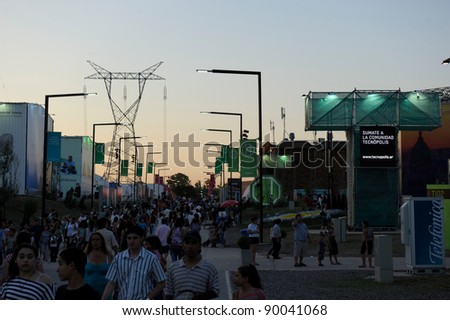 BUENOS AIRES, ARGENTINA - NOVEMBER 28: Main street at Tecnopolis crowded with people at Closure event of Tecnopolis, a science and technology fair. November 28, 2011 in Buenos Aires, Argentina