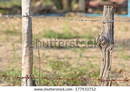 wood and wire fence in the green fields