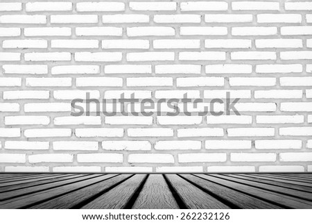 old wooden floor platform and White grunge brick wall background
