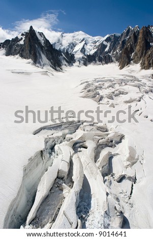 The glacier melts under the summer sun in Chamonix, France.