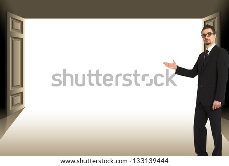 Businessman showing open door