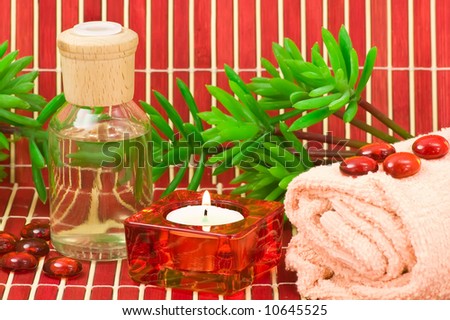 Spa items with aromatherapy bottle, glass pebbles, candle, towel and green plants on bamboo