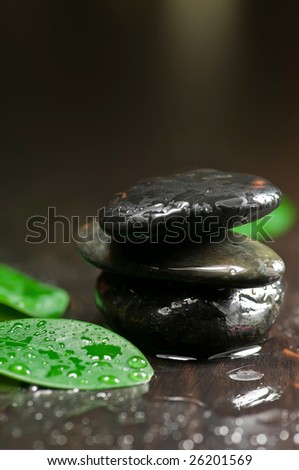 Wet spa stones with green leaves on wooden surface with calming light