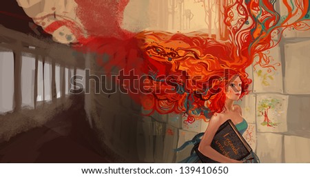 Red-haired girl with book in hand / Girl with long hair and  a book in his hands goes through a corridor .On the wall are  hanging sheets with drawings.