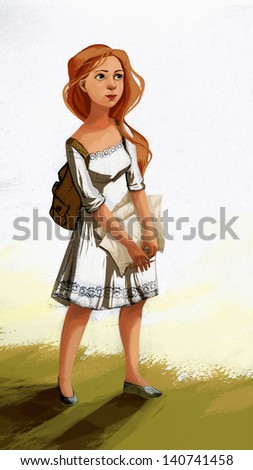 Schoolgirl/ A girl with a backpack and paper, pencil in hand goes to class. She is wearing a summer white dress.