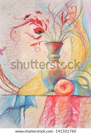 vase and apple/ Pastel drawing. On the table is a vase and an apple. In a vase with a sprig of leaves. A table covered with a fabric.