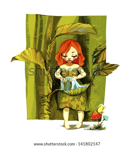 Little girl / Drawing Ã¢Â?Â? Little girl washes with water from the leaf of the plant.